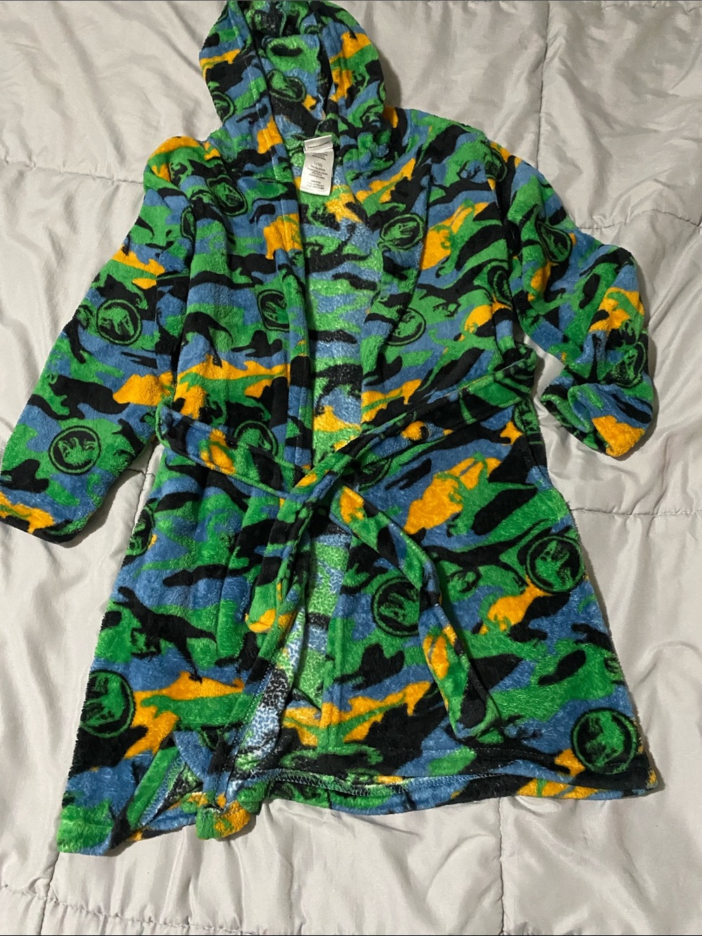 Kids Hooded Jurassic Plush Robe - Green Blue Yellow Camo